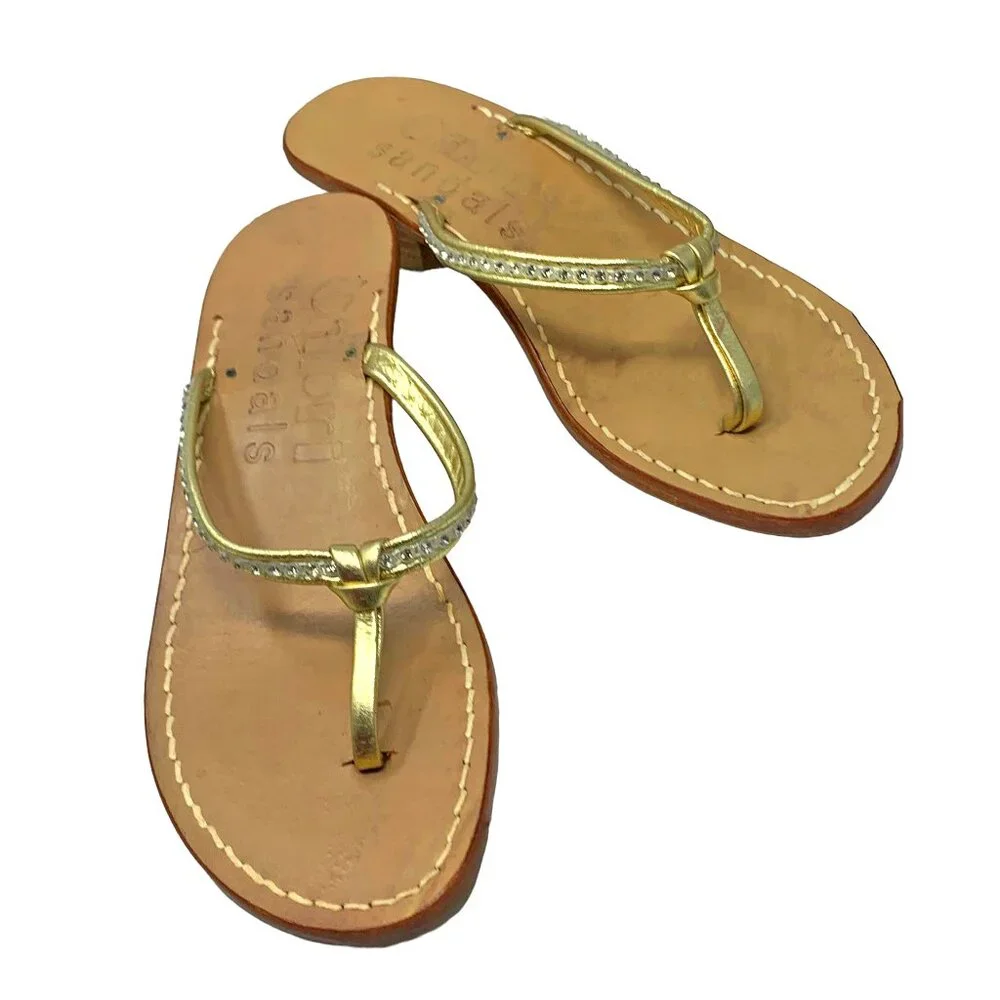 CAPRI‎ SANDALS CO. Gold Leather Rhinestone Thong Slide Sandals